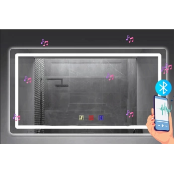 (h)80x120 cm Bluetoothlu Buğu Çözücülü Dokunmatik Işıklı Kumlamalı Banyo Aynası