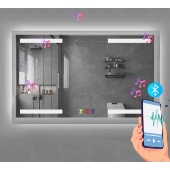 80x60(h) cm Bluetoothlu Buğu Çözücülü Dokunmatik Işıklı Kumlamalı Banyo Aynası