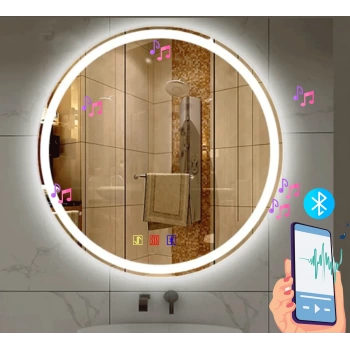 90 cm (çap) Bluetoothlu Buğu Çözücülü Dokunmatik Işıklı Kumlamalı Yuvarlak Banyo Aynası