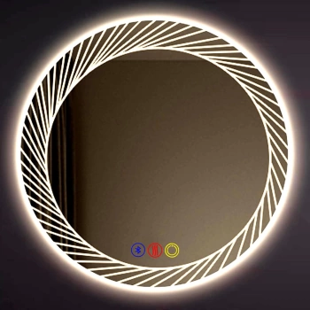 90 cm (çap) Kumlama Ledli Buğu Önleyici Bluetoothlu Yuvarlak Banyo Aynası