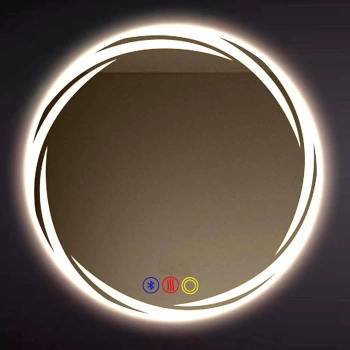 90 cm (çap) Kumlama Ledli Buğu Önleyici Bluetoothlu Yuvarlak Banyo Aynası